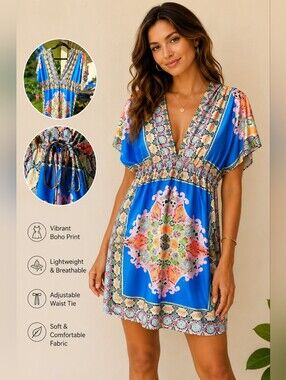 Boho Blue Paisley Beach Cover Up Dress | Tropical Resort Swim Coverup